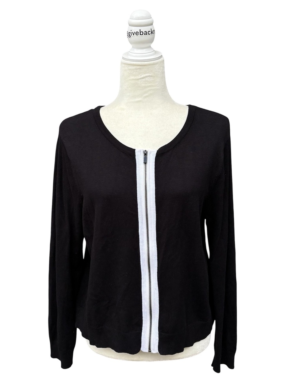 Harper + Liv Black Knit Cardigan Sweater Zip Front Contrast White 1X